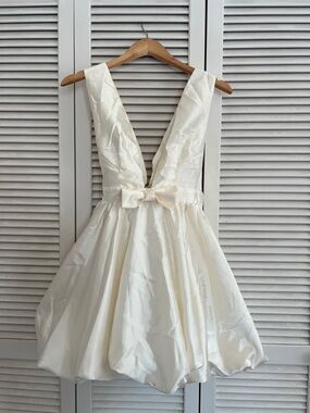 Ivory Deep V Bubble Hem Party Dress with Bow